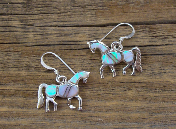 Navajo Opal Inlay Silver Horse Dangle Earrings