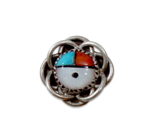 Sunface Zuni Silver Turquoise Coral Tie tack