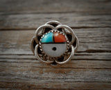 Sunface Zuni Silver Turquoise Coral Tie tack