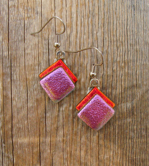 Red Pink Dichroic Glass Pierced Dangle Earrings Handmade