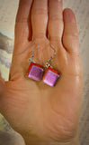 Red Pink Dichroic Glass Pierced Dangle Earrings Handmade