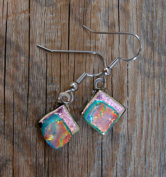 Pink Dichroic Glass Dangle Earrings Handcrafted