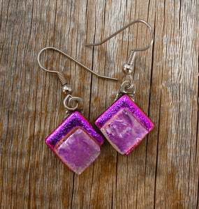 Handcrafted Dichroic Glass Pink Purple Dangle Earrings
