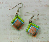 Green Dichroic Glass Dangle Earrings Handcrafted