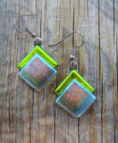Green Dichroic Glass Dangle Earrings Handcrafted