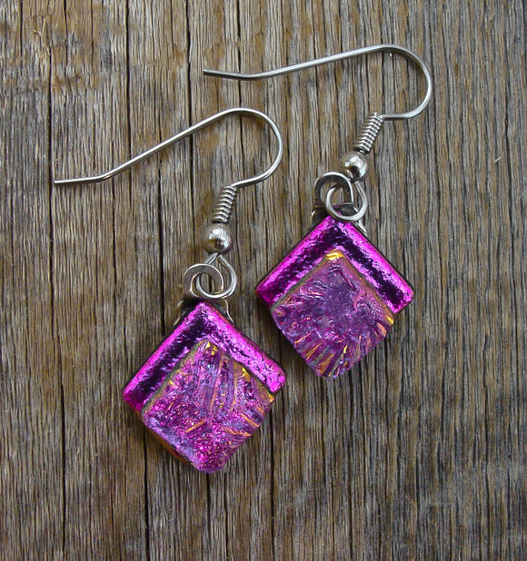 Handcrafted Dichroic Glass Pink Dangle Earrings
