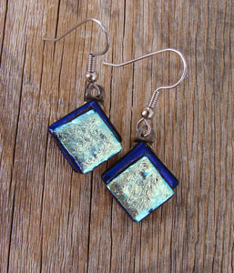 Blue Dichroic Glass Dangle Earrings