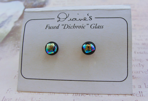 Yellow Dichroic Glass Button Earrings Handcrafted