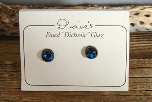 Blue Dichroic Glass Button Earrings Handcrafted