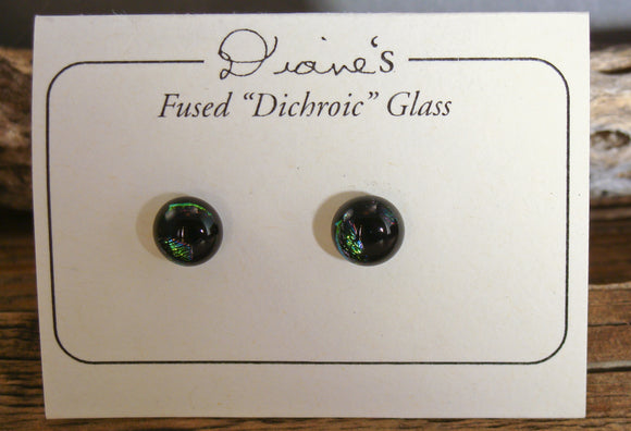 Black Dichroic Glass Button Earrings Handcrafted