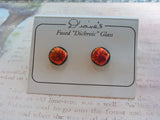 Orange Pink Dichroic Glass Button Earrings Handcrafted