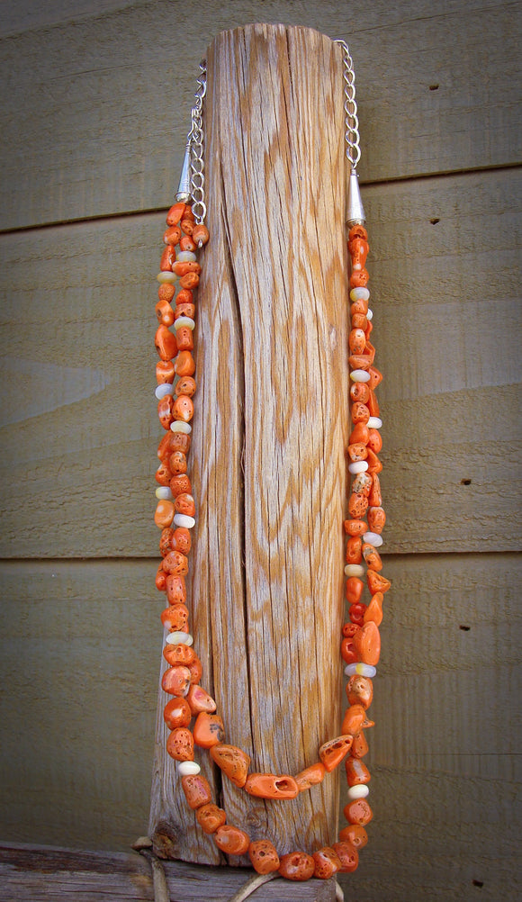 Navajo Native American Coral Mother of Pearl Bead Necklace