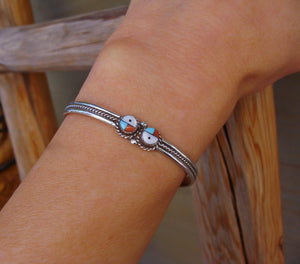 Native American Girl's Zuni Youth Turquoise Coral Sunface Cuff Bracelet