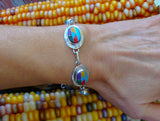 Navajo Turquoise Coral Multi Inlay Silver Link Bracelet