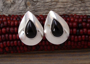 Onyx Earrings, Large Navajo Sterling Silver Onyx Earrings, Native American