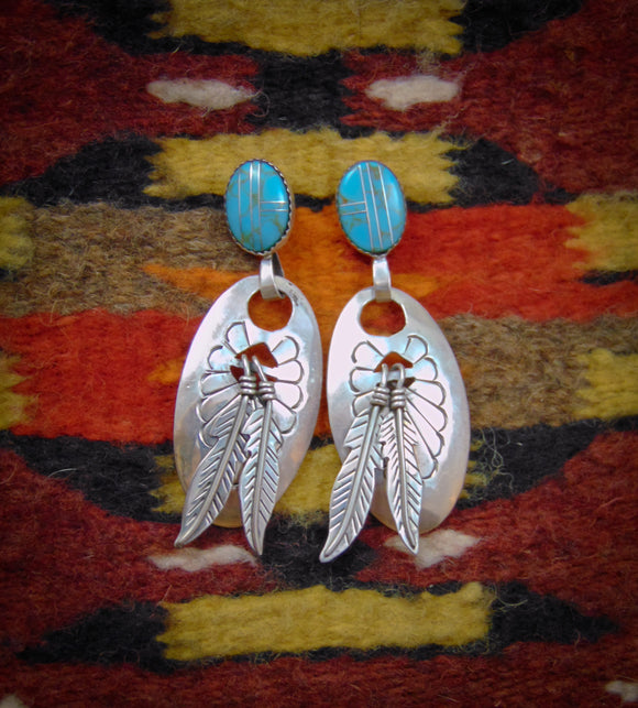 Turquoise Earrings, Navajo Sterling Silver Feather Concho Turquoise Inlay Earrin