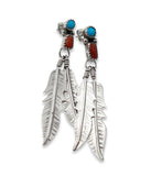 Navajo Silver Turquoise Coral Feather Dangle Earrings