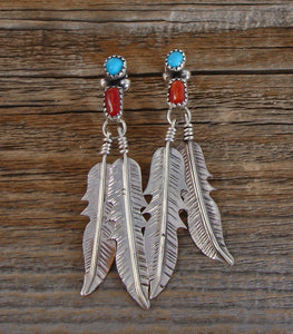 Navajo Silver Turquoise Coral Feather Dangle Earrings