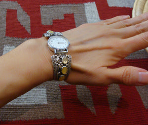 Pearl Watch, Navajo Sterling Silver Yellow Mother of Pearl Watch