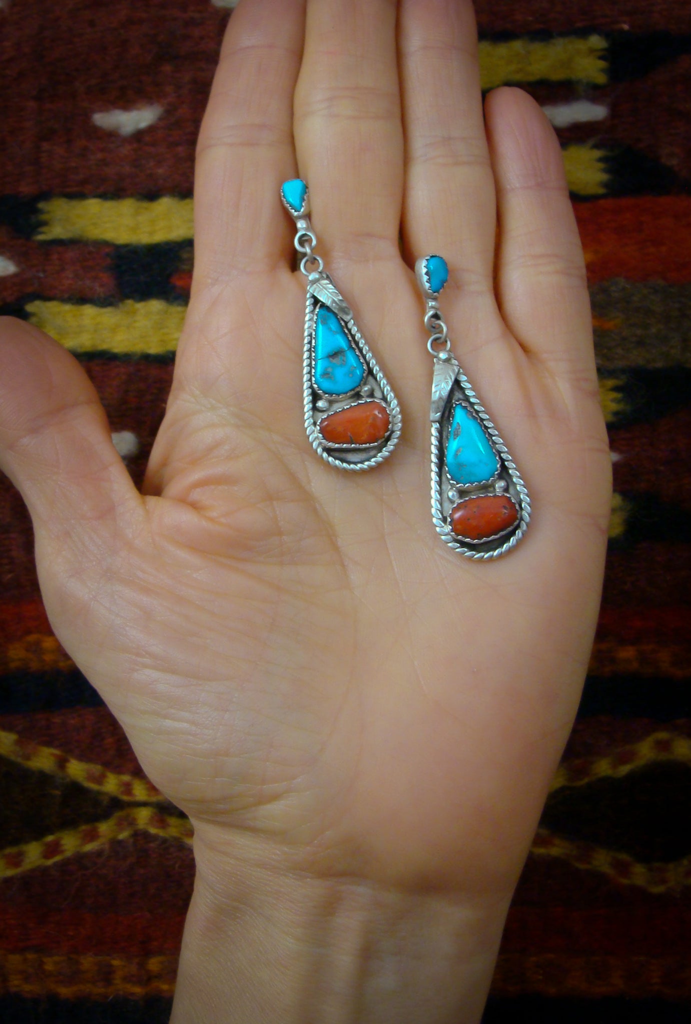 2 1940s Zuni Screw Back Earrings of Turquoise and Coral In