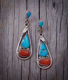 Turquoise Earrings, Zuni Sterling Silver Turquoise Coral Earrings