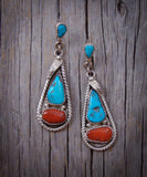 Turquoise Earrings, Zuni Sterling Silver Turquoise Coral Earrings