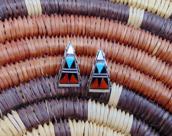 Native American Zuni Turquoise Multi Inlay Vintage Post Earrings