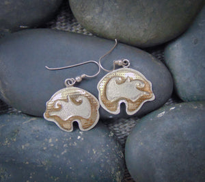 Native American Navajo Silver 12KGF Gold Bear Fetish Dangle Earrings
