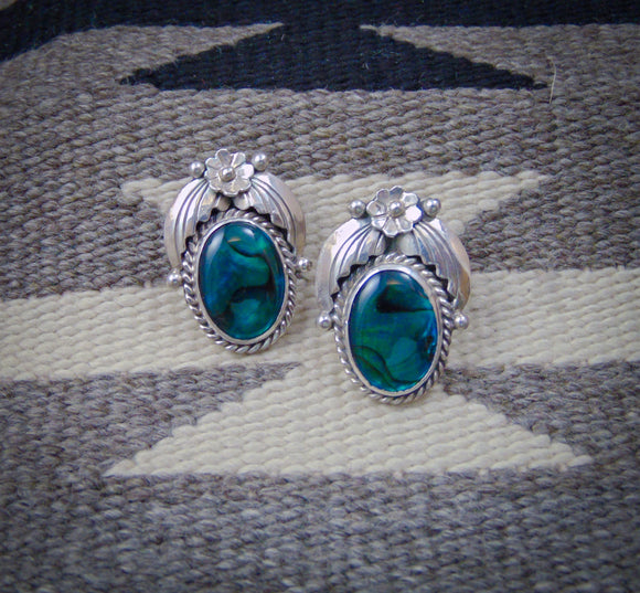 Native American Sterling Silver Large Paua Shell Post Vintage Earrings 