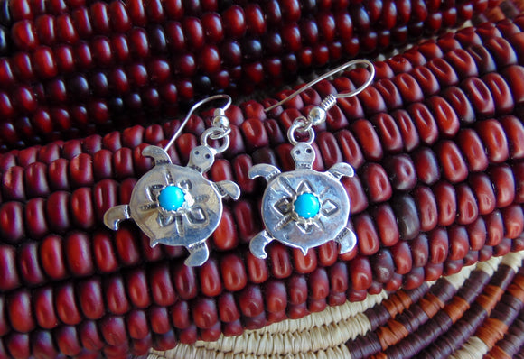 Native American Sterling Silver Turquoise Turtle Dangle Earrings