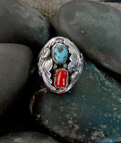 Native American Navajo Silver Coral Turquoise Leaf Ring Size 10.5