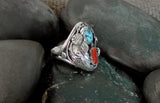 Native American Navajo Silver Coral Turquoise Leaf Ring Size 10.5
