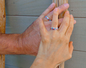 Southwestern Sterling Silver Turquoise Coral Chip Inlay Wedding Band Ring