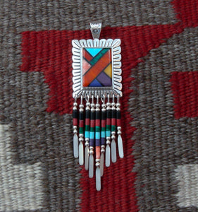 Native American Multi Inlay Silver Fringe Pendant
