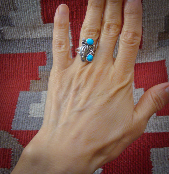 Turquoise Ring, Navajo Sterling Silver Turquoise Leaf Ring Size 6.5