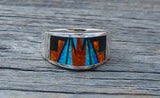 Navajo Fire Opal Onyx Inlay Women's Angular Band Ring Size 8.5