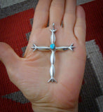 Large Navajo Silver Sandcast Turquoise Cross Pendant