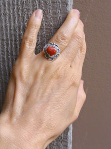 Old Navajo Silver Coral Ring Size 4.75