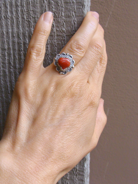 Old Navajo Silver Coral Ring Size 4.75