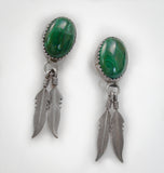 Navajo Sterling Silver Malachite Feather Dangle Earrings
