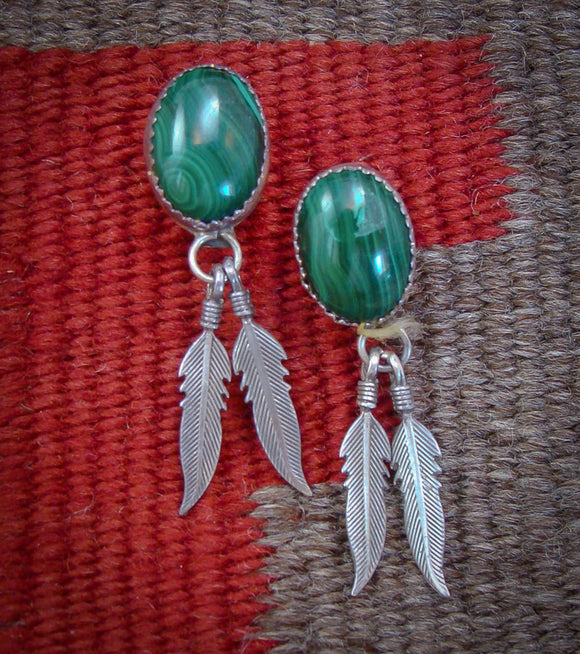 Navajo Sterling Silver Malachite Feather Dangle Earrings 