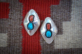 Native American Silver Coral Turquoise Clip On Earrings