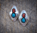 Native American Silver Coral Turquoise Clip On Earrings 