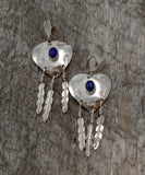 Large Lapis Heart Feather Silver Dangle Earrings