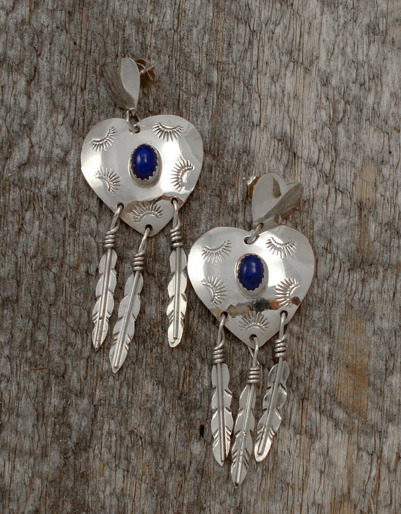 Large Lapis Heart Feather Silver Dangle Earrings