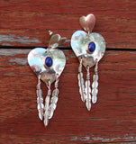 Large Lapis Heart Feather Silver Dangle Earrings
