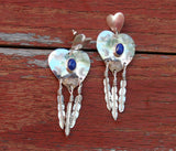 Large Lapis Heart Feather Silver Dangle Earrings