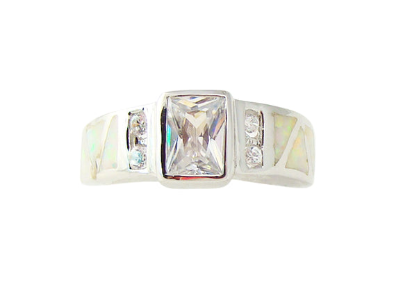 Cubic Zirconia White Fire Opal Inlay Silver Ring Size 7