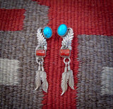 Coral Turquoise Feather Dangle Post Earrings