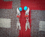 Vintage Navajo Coral Turquoise Feather Dangle Post Earrings